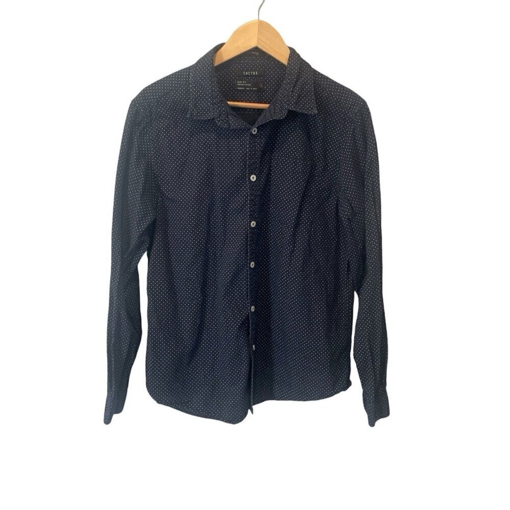 Cactus Man Navy Blue Polka Dot Long Sleeve Button Up Shirt Slim Fit Size Large